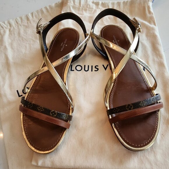 Louis Vuitton Gold Monogram Landscape Sandals, Authentic - Picture 1 of 13